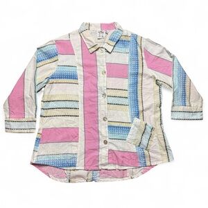 Parsley & Sage Pink & Blue Stripes Linen Blend Button Up Shirt Womens Size XL